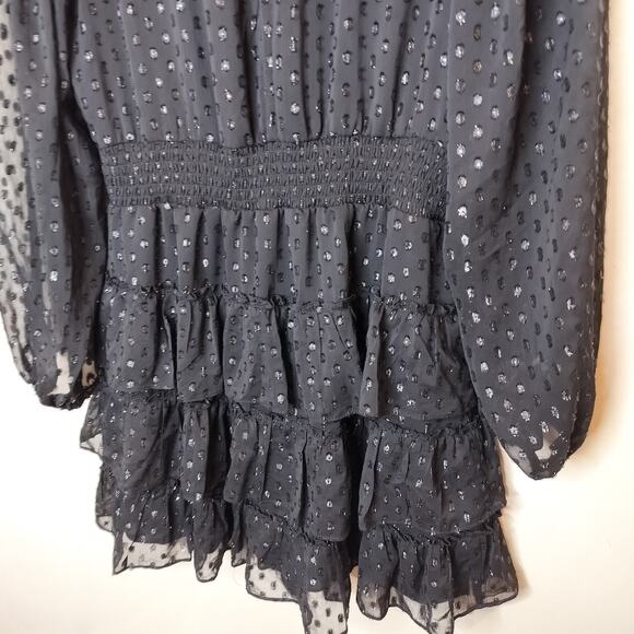Express Black Chiffon Tiered Mini Dress Long Sheer Sleeve - Picture 11 of 13